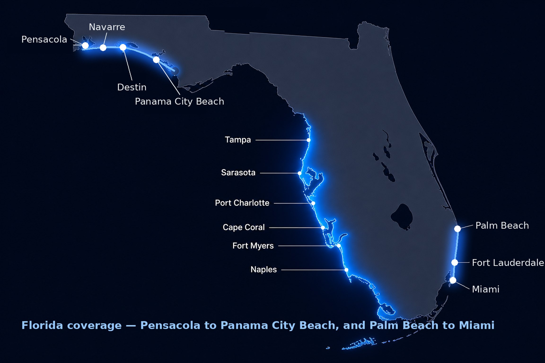 Florida coverage map — highlighted Pensacola to Panama City Beach (Pensacola, Navarre, Destin, Panama City Beach) and Palm Beach to Miami (Palm Beach, Fort Lauderdale, Miami), plus Southwest Florida Gulf Coast