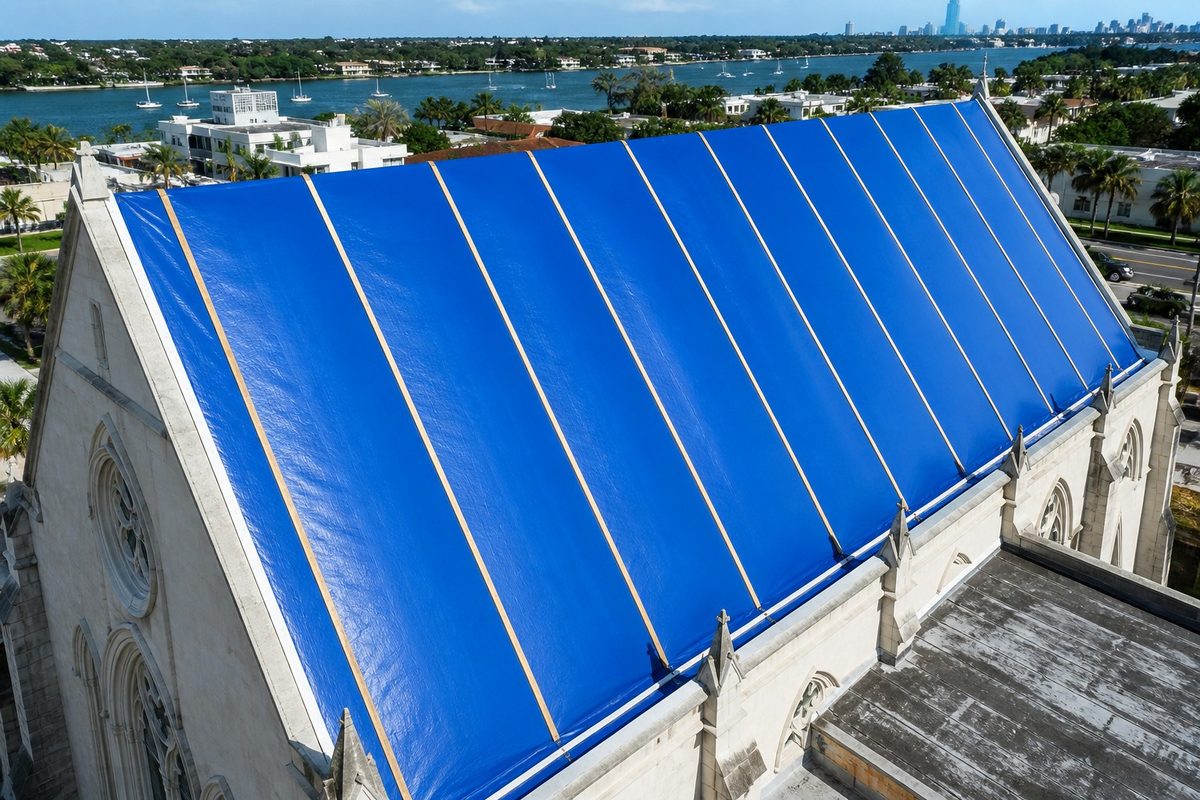 Emergency blue tarps installed on metal roof after storm damage by Horizon Commercial Roofing