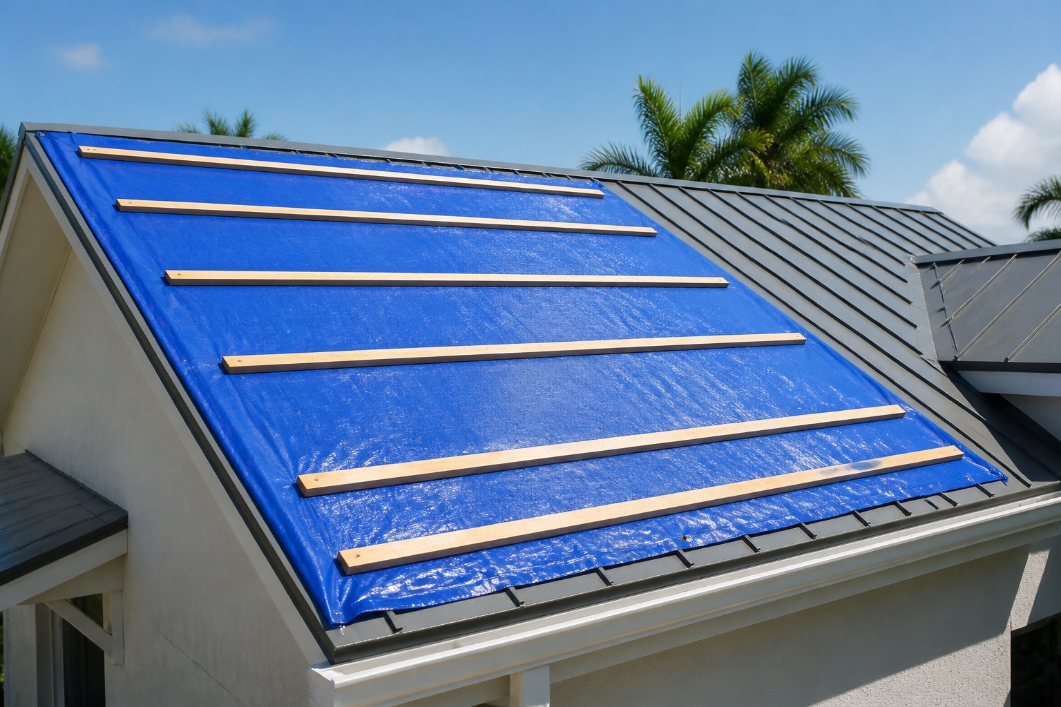 Tight battened emergency tarp on a standing-seam metal roof — Horizon Commercial Roofing