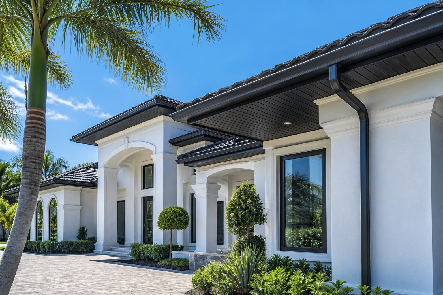 Black seamless gutters and soffit on an upscale mansion — Horizon Commercial Roofing